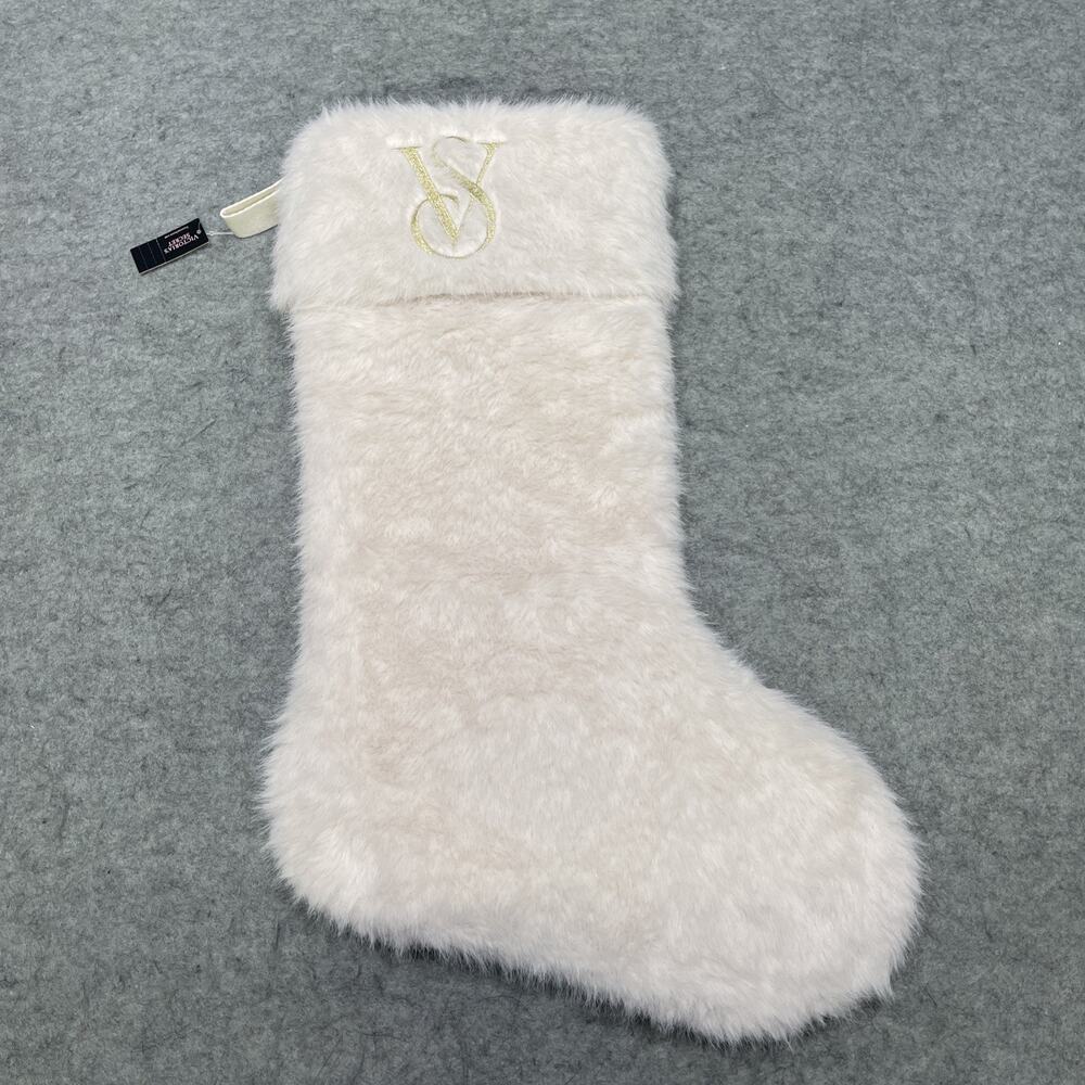NWT Exclusive Victoria's Secret Christmas Stocking White Faux Fur Gold Lettering